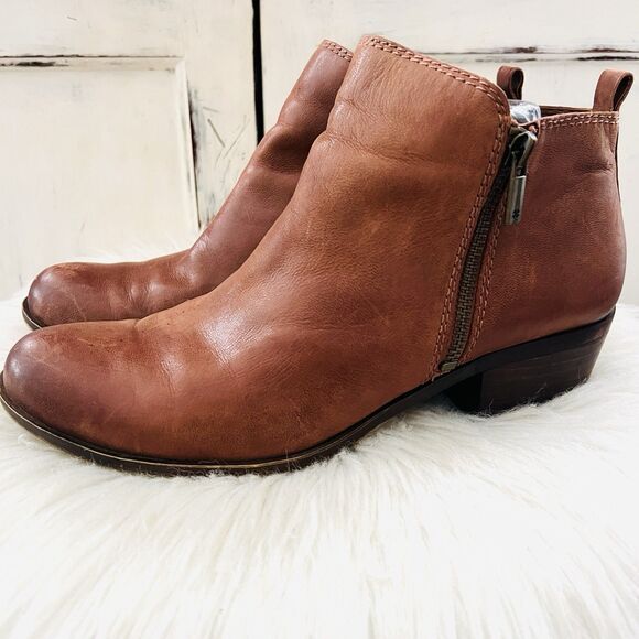 Lucky Brand Basel Brown Leather Double Zip Low Heel Comfort Booties - Size 8.5 - Picture 1 of 8